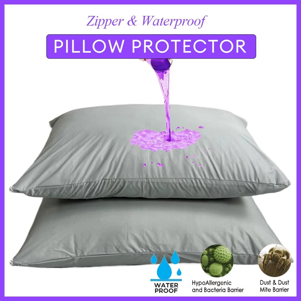 2pcs Grey Waterproof Pillow Protector Bedbug Proof Zipper Pillow Cover 50x70cm Washable & Anti Mites