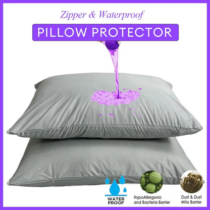 2pcs Grey Waterproof Pillow Protector Bedbug Proof Zipper Pillow Cover 50x70cm Washable & Anti Mites